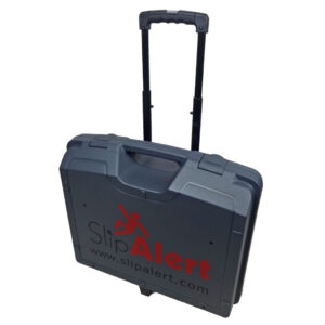 plastic case with branding and wheels to ease movement of contents