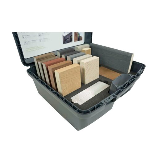 composite decking product sample cases to display the full range of colours options shown here in a grey case with custom foam cut outs for sample products