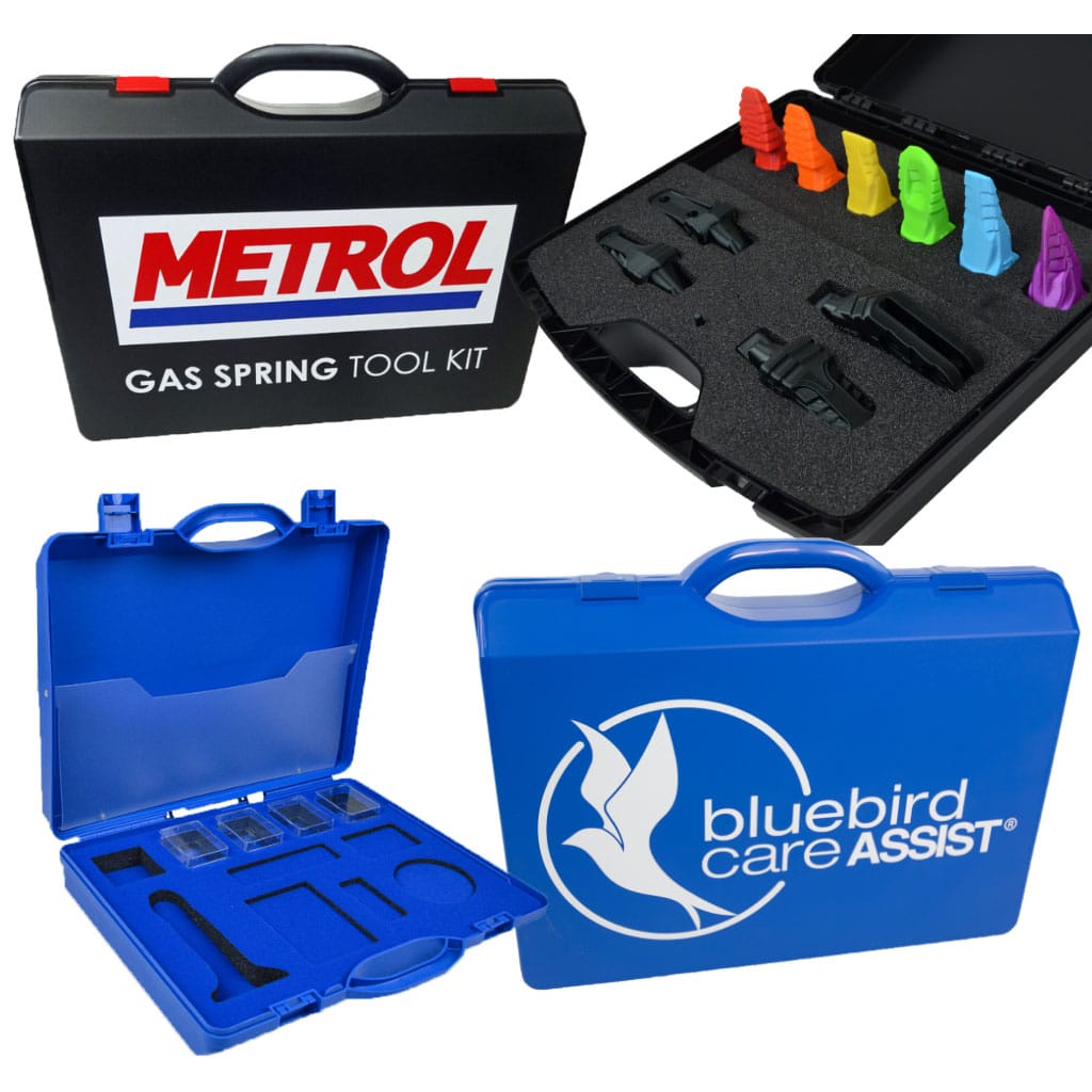 blue and black plastic carry cases with foam interiors and logos