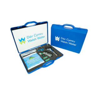welsh water branded plastic case containing water saving demo equipment