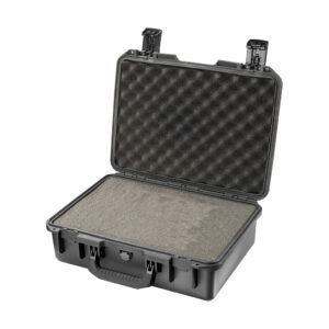 black foam filled peli storm im2300 watertight case, shown open with foam set inside