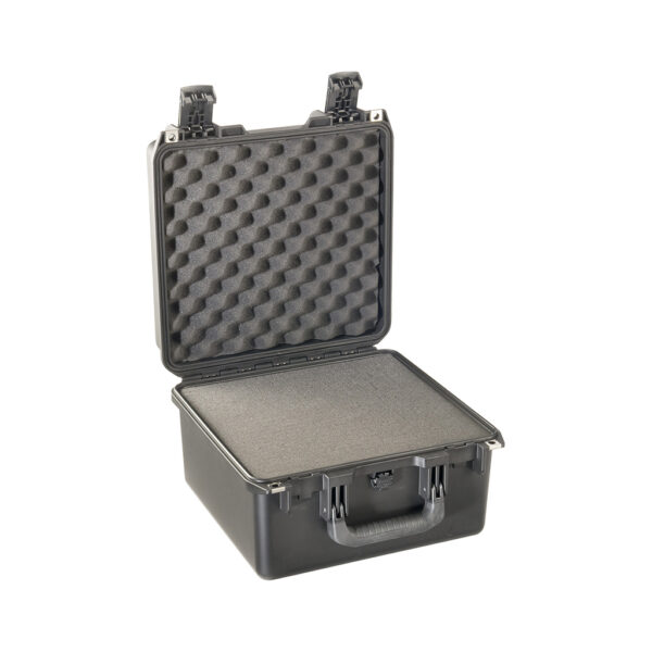 black foam filled peli storm im2275 watertight case, shown open with foam set inside