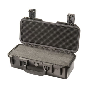 black foam filled peli storm im2306 watertight case, shown open with foam set inside