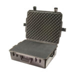 black foam filled peli storm im2700 heavy duty and waterproof case, shown open with foam set inside