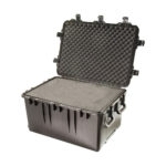 black peli storm im3075 watertight case on wheels, shown open with foam set inside