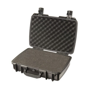 black foam filled peli storm im2370 watertight case, shown open with foam set inside