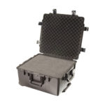 black foam filled peli storm im2875 wheeled waterproof case, shown open with foam set inside