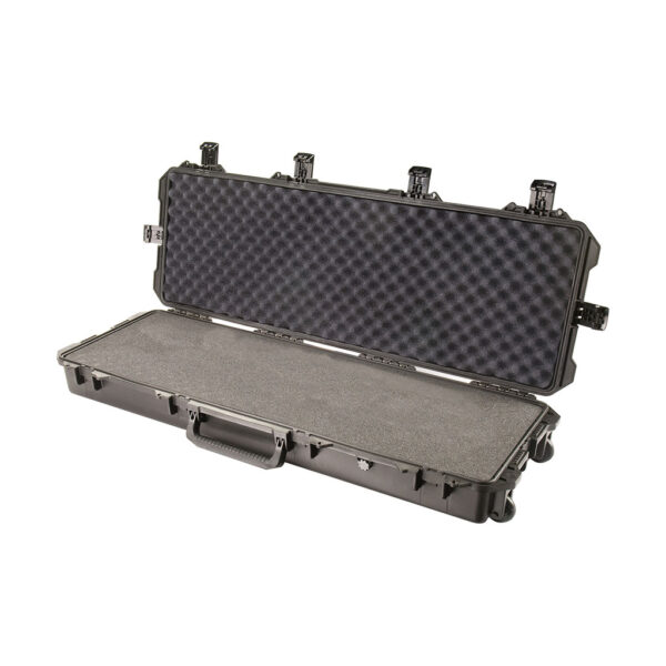 black foam filled storm im3200 wheeled waterproof case, shown open with foam set inside