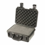 black foam filled peli storm im2100 watertight case, shown open with foam set inside