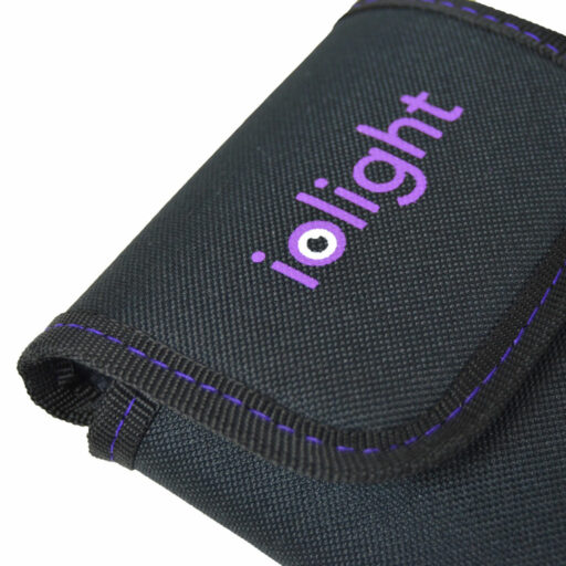 black custom padded bag to hold microscope with purple company branding