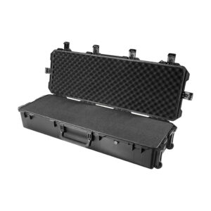 black foam filled storm im3220 wheeled waterproof case, shown open with foam set inside