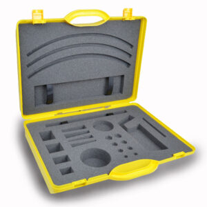 yellow plastic case with bespoke cut foam for samples
