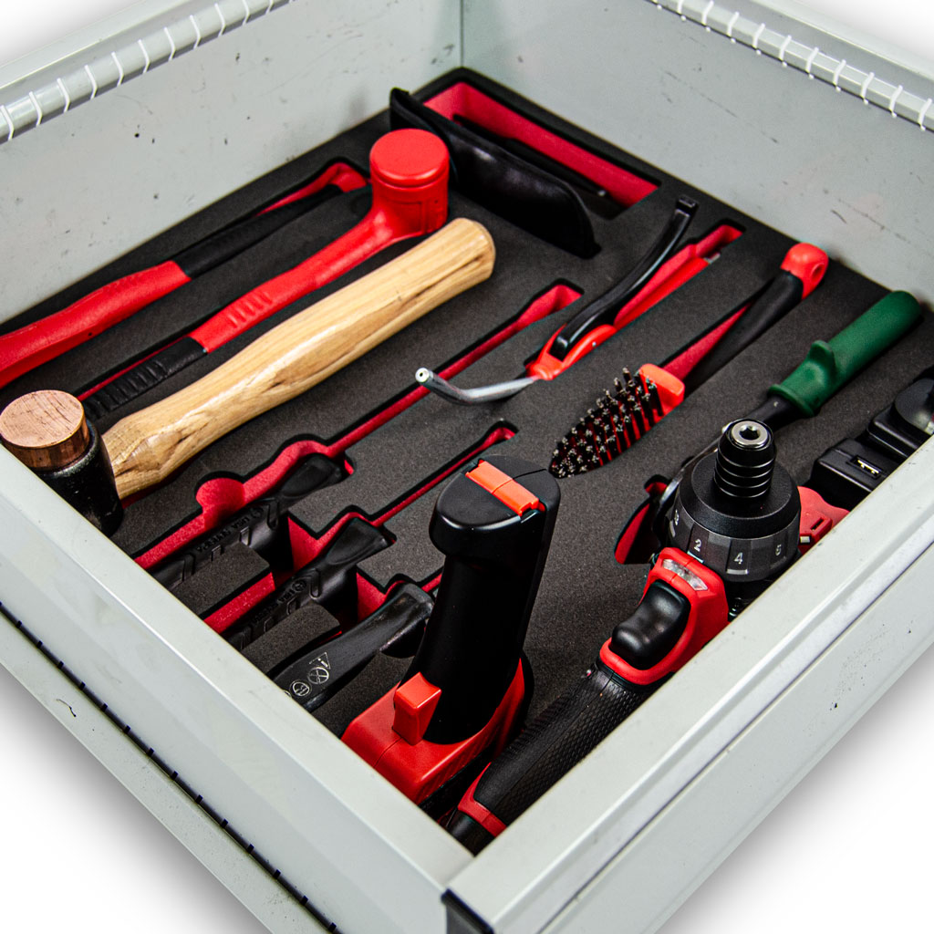 custom cut tool control foam for tool drawer in dual colour red and black