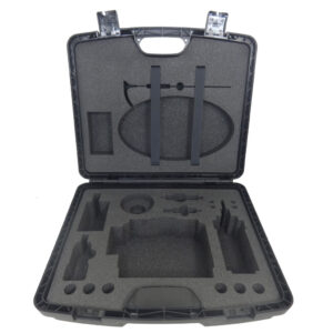 tailored foam insert to hold equipment within black protective case
