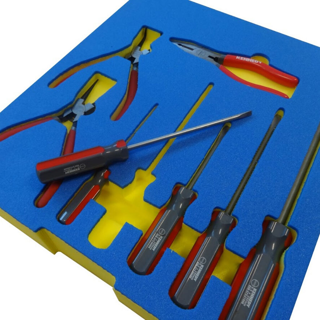 small blue and yellow tool kit routed foam drawer liner