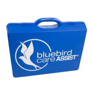 blue plastic case with white printed logo
