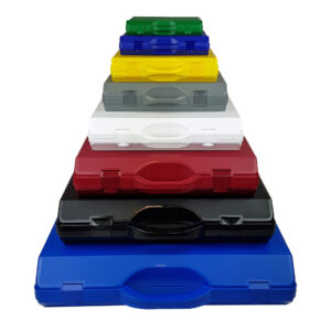 8 SPI plastic Cases in Various Colours Stacked on Top of Each Other From Largest to Smallest