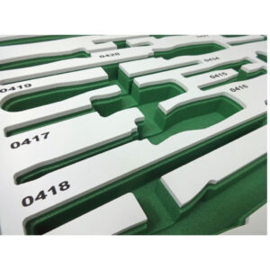 tool control foam insert in green with white topper with tool numbers