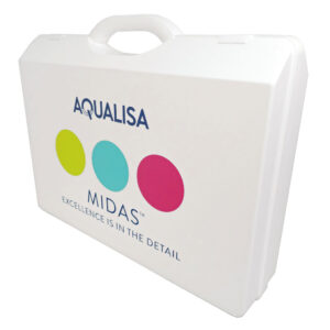 white plastic case with company logo for sales presentation and demonstration