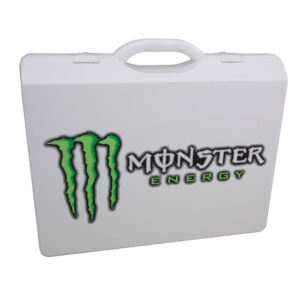 white plastic carry case with digitally printed logo