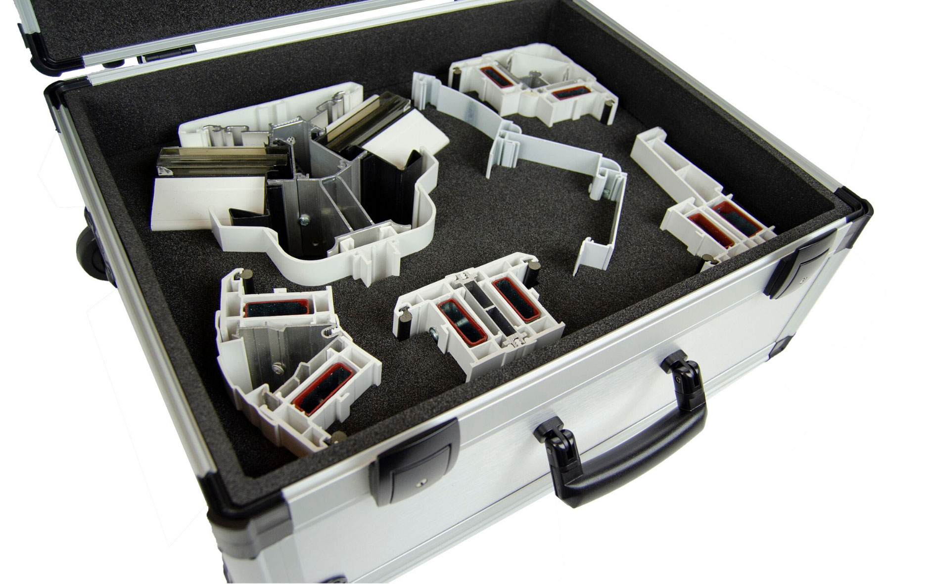 aluzone flight case with custom cut foam to hold UPVC profile samples