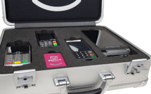 aluminium reps sample case with foam insert to hold payment terminals